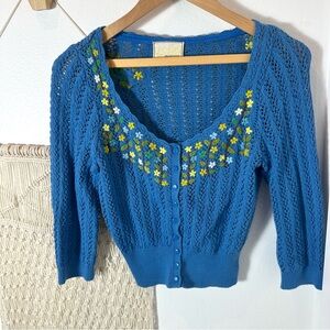 🌼 Cottagecore Blue Floral Embroidered Boho Bohemian Flower Sweater XS